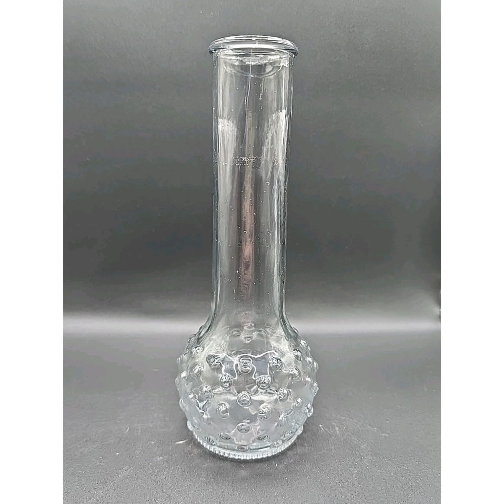 Vintage Clear Glass Round Hobnail Bottom Long Neck Bud Vase USA 8 1/2" Tall.